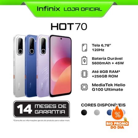 Smartphone Infinix HOT 70 5G 256GB 8GB RAM Tela 6.78” 120Hz Dimensity 7050 Bateria 6000mAh Android 16 NFC