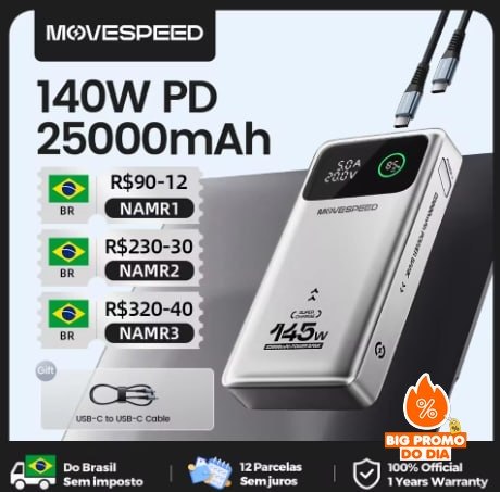 Powerbank Movespeed M25 Pro 25.000mAh 140W - Carrega MacBook e Notebook Gamer