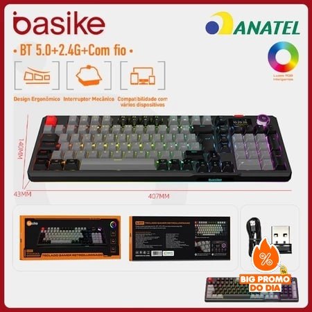 ⌨️ Basike Teclado Mecânico Modo triplo，RGB Switches vermelhos Teclado mecânico Design ergonômico Com visor digital，key391