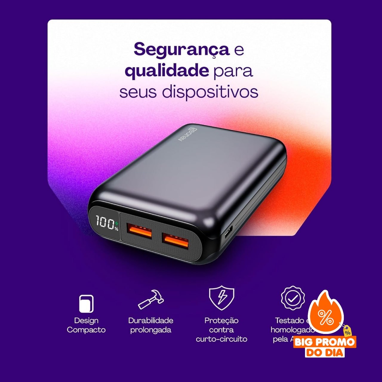Geonav Power Bank 20.000mAh - USB-A 18W + USB-C 20W - Carregamento Rápido - Cinza