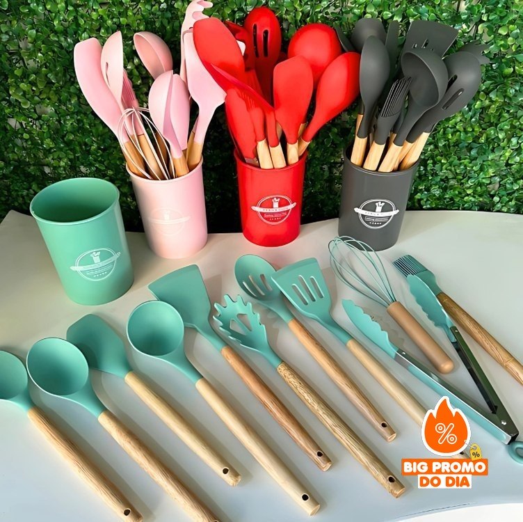 Kit C/12 Utensílios De Cozinha Em Silicone Cabo Madeira - Opções De Cores