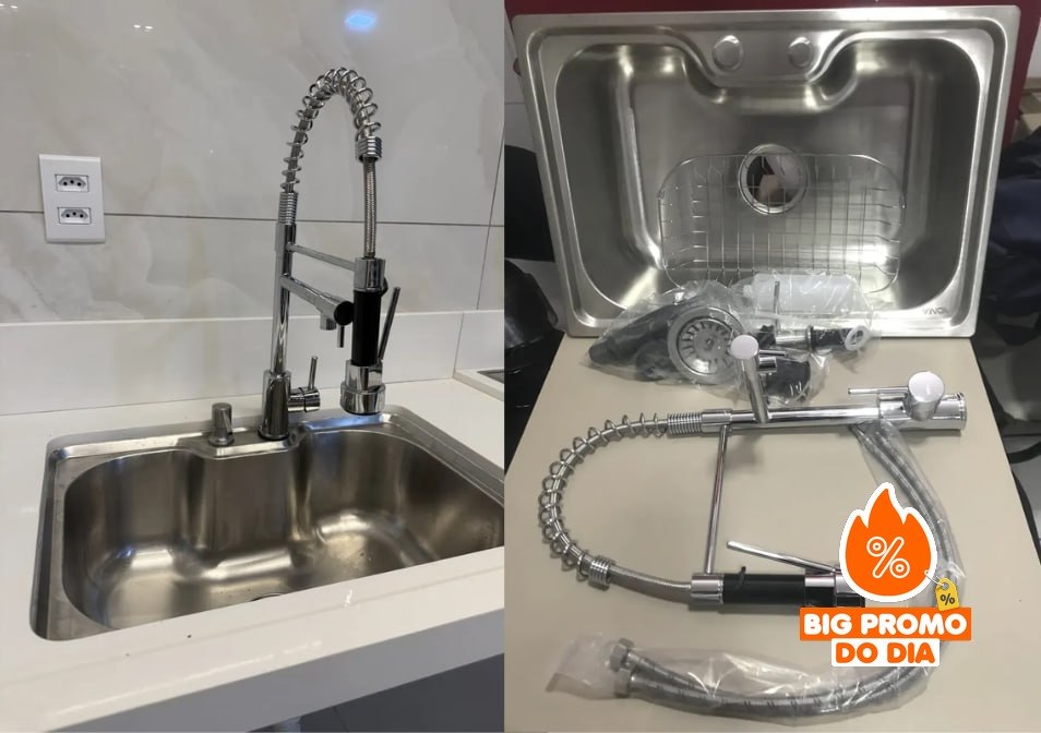 Cuba Pia Gourmet Aço Inox + Torneira Flexivel Monocomando 42x60cm