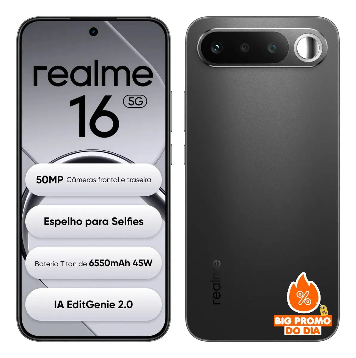 Realme 16 5G - 256GB 12GB RAM - Câmera 50MP - Bateria 6550mAh - Preto