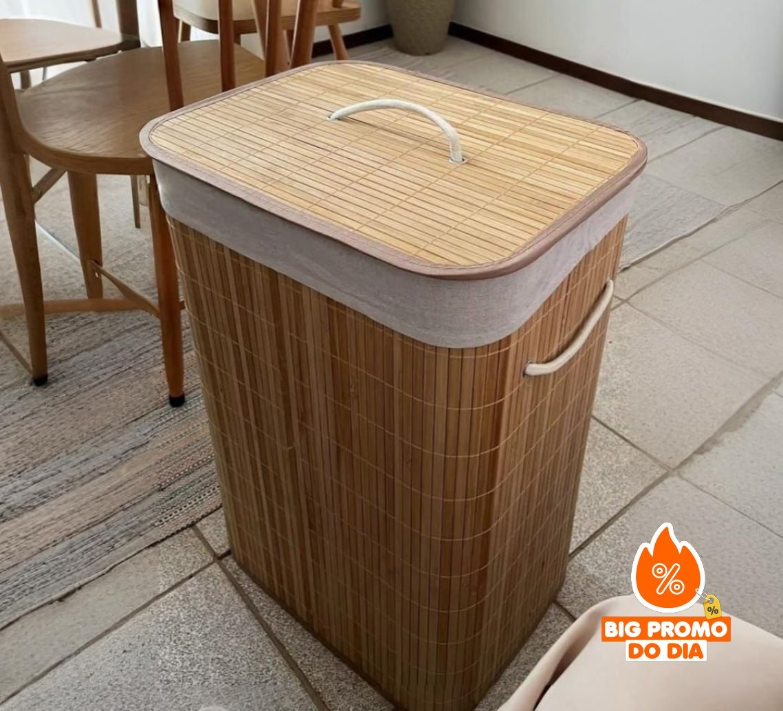 Cesto De Roupa Suja De Bambu Com Tampa E Alças 50 Litros