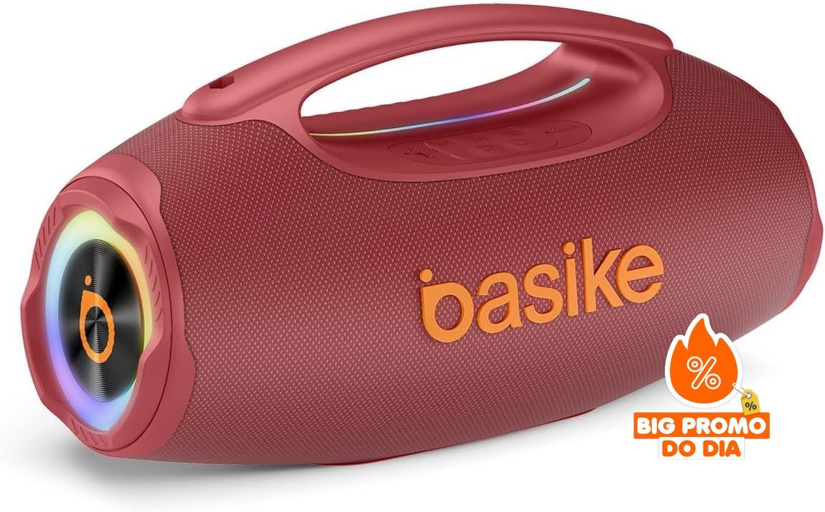Basike Caixa de Som Bluetooth 80W RMS - TWS Estéreo, IPX6 à Prova d'Água, RGB - Vermelho