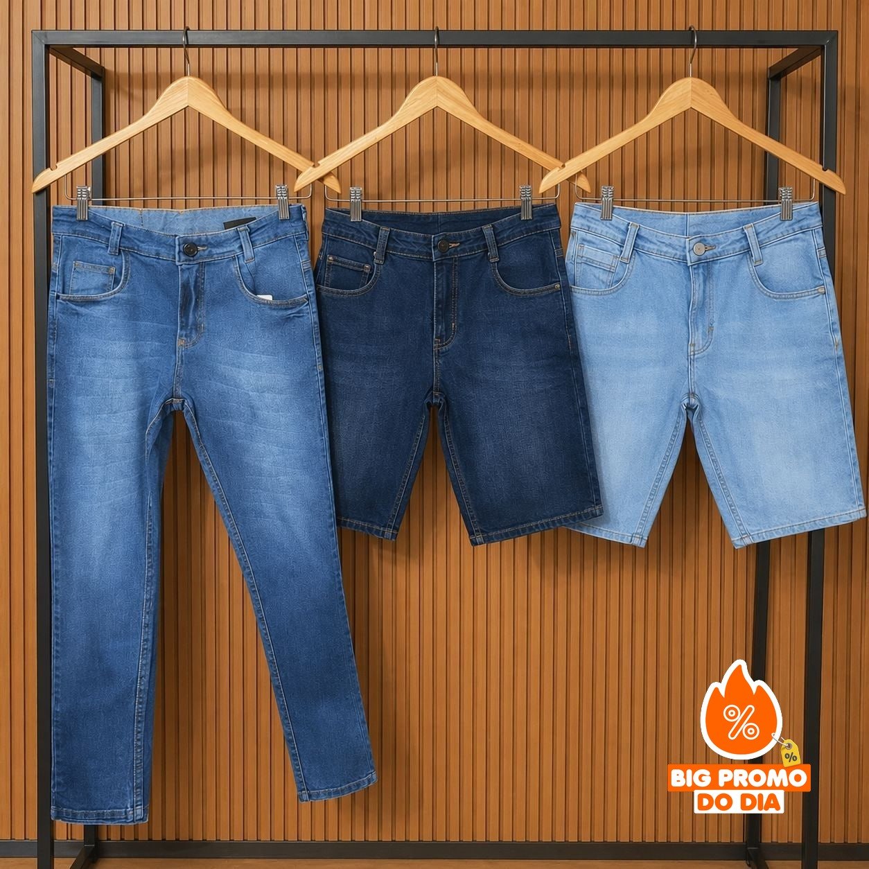 Kit 2 Bermudas + 1 Calça Jeans Masculina Skinny