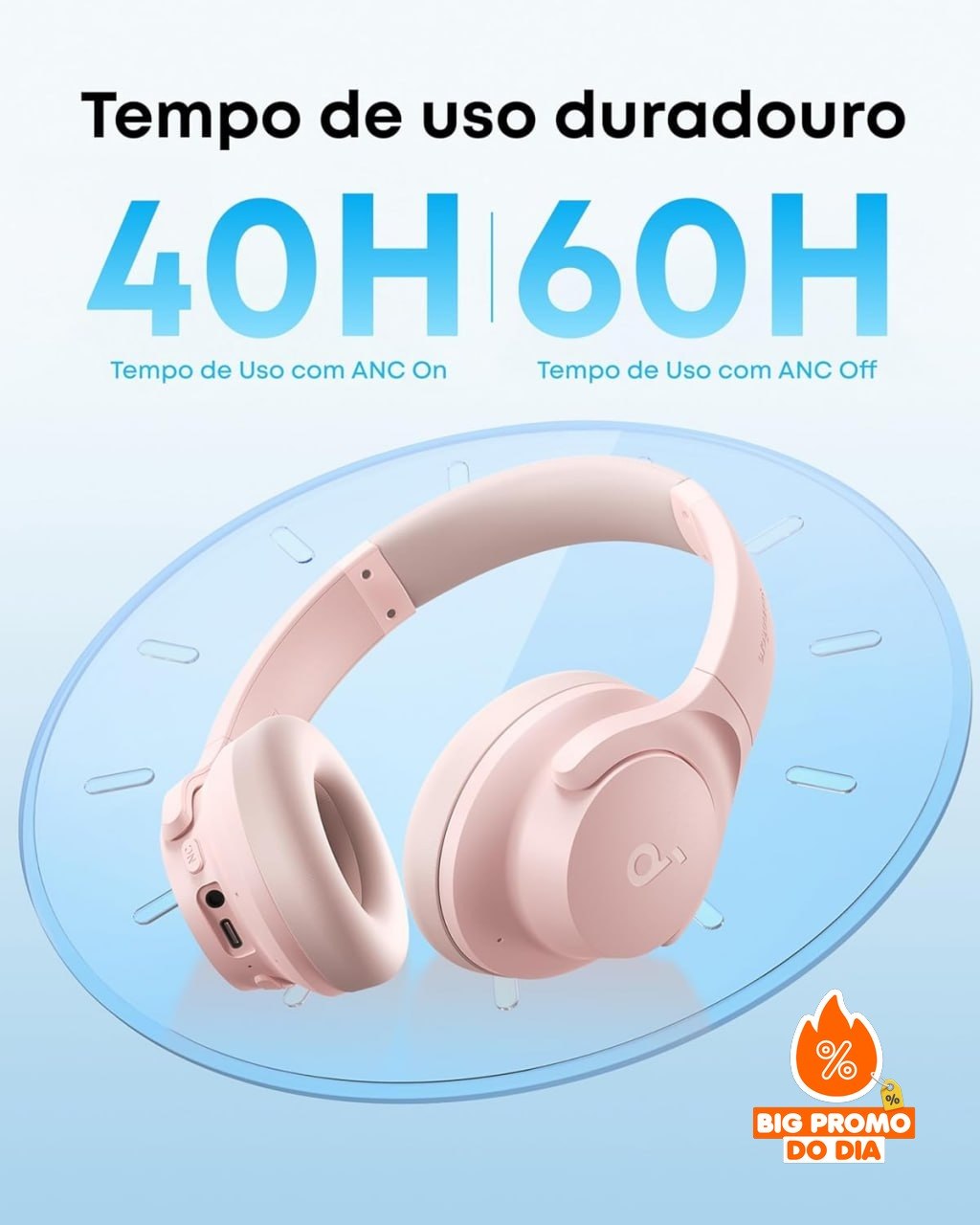Anker Soundcore Q20i - Bluetooth Cancelamento Híbrido - 60h Bateria - Rosa