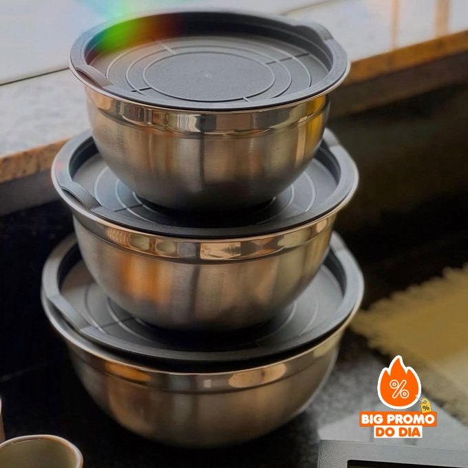 Conjunto 3 Bowls de Inox com Tampas Plásticas Vittak