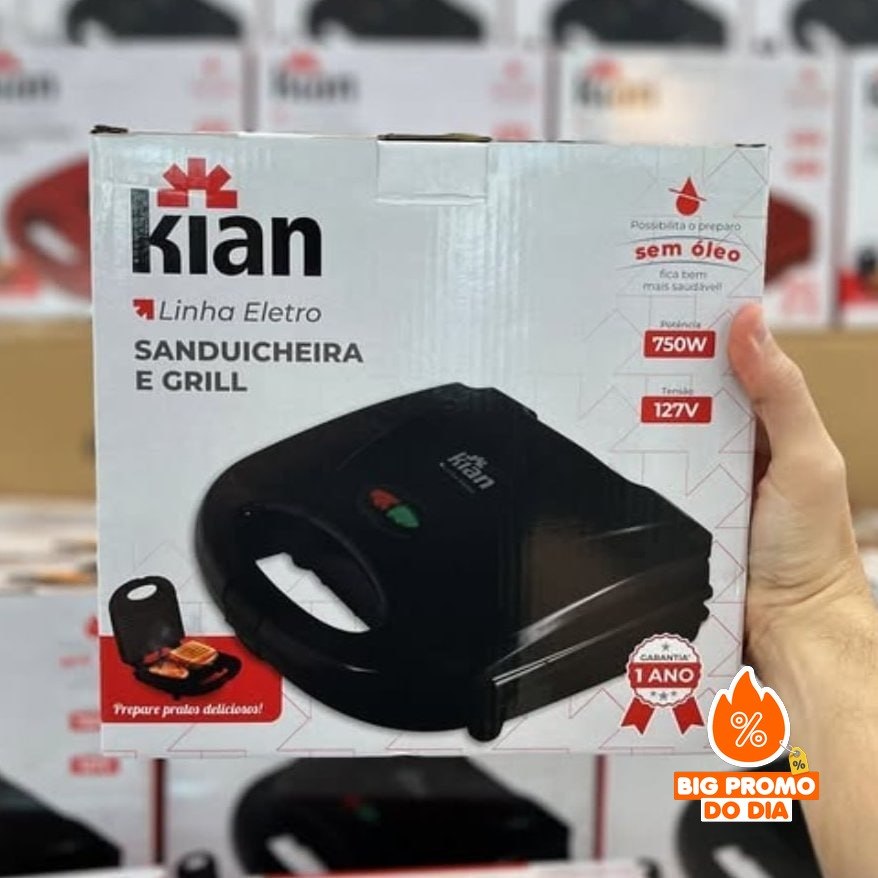 Sanduicheira Grill 2 Em 1 Kian Preta Elétrica 750w