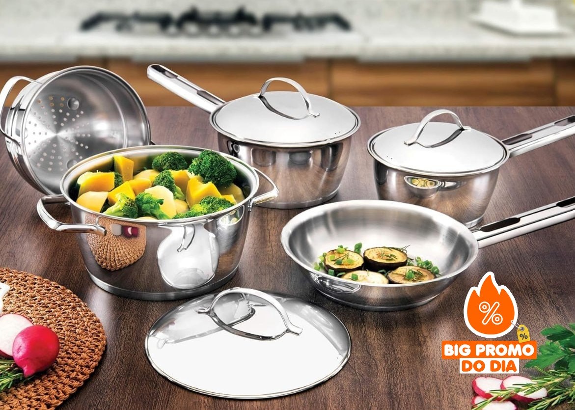 Jogo de Panelas Tramontina Aço Inox Allegra 5 Peças Fundo Triplo + Pegador de Massa