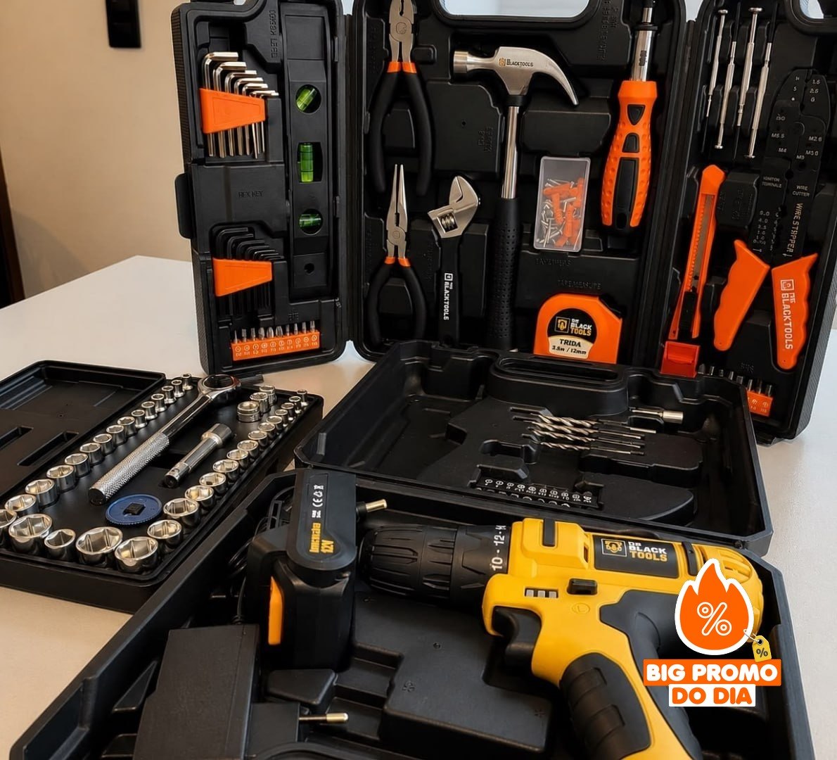 Kit Jogo Ferramentas 169 Peças Soquetes + Parafusadeira The Black Tools 12v