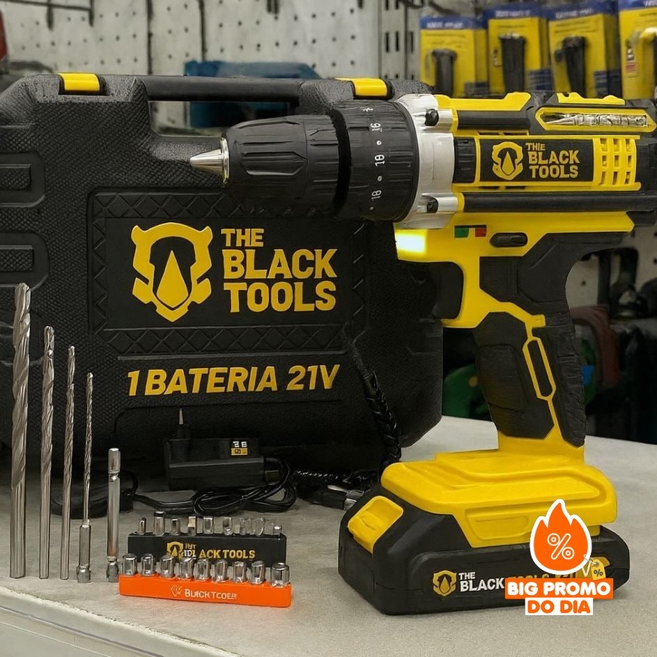 Parafusadeira Furadeira De Impacto A Bateria 21V 3/8” Bivolt 1400 Rpm Com Acessórios E Maleta The Black Tools
