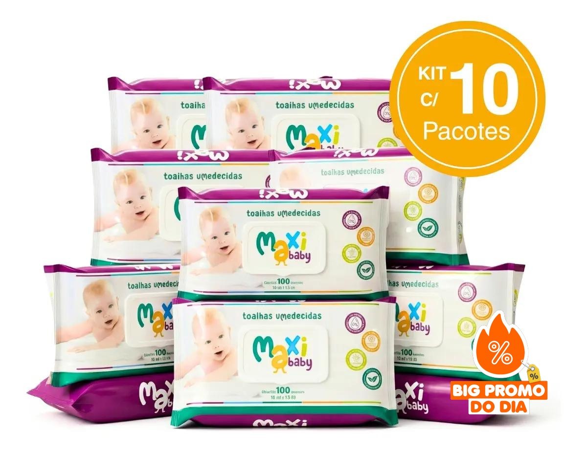 Kit 10 Toalhas Umedecida Hipoalergênico 100un Cada Maxi Baby