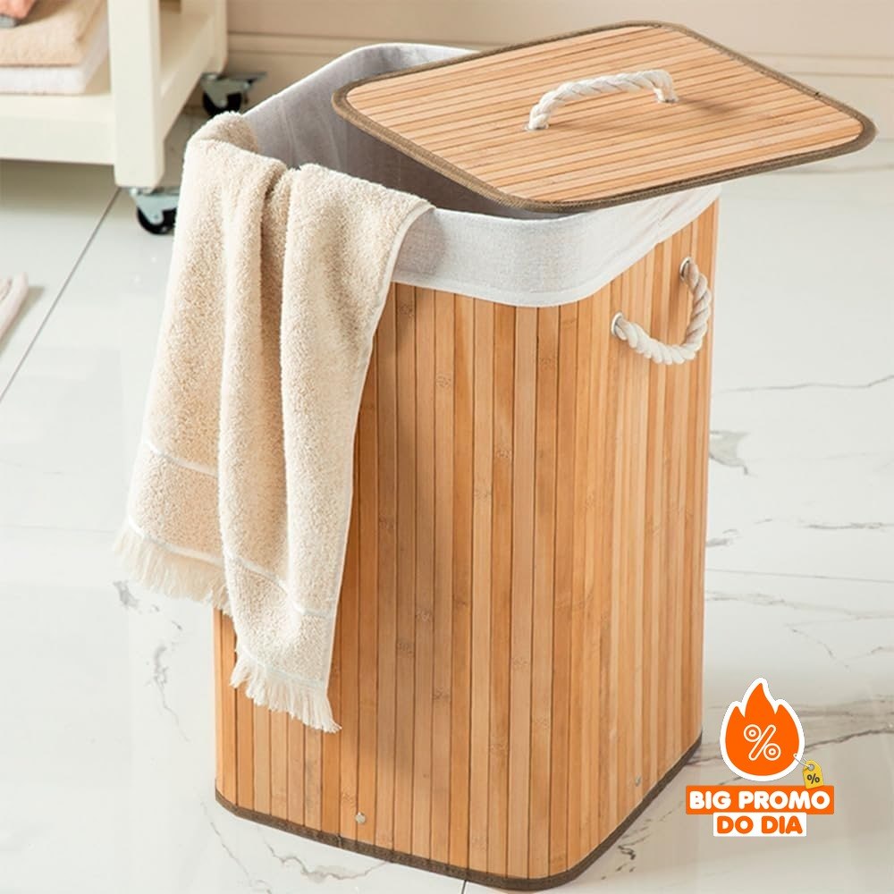 Cesto de Roupa Suja em Bambu Natural c/ Tampa 50L