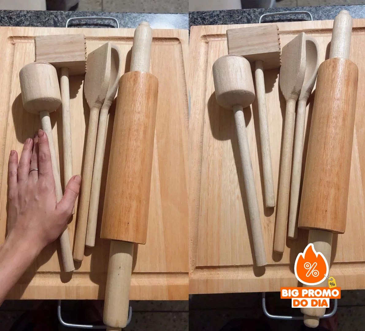 Kit para Cozinha Completo com 7 unidades (Tábua de Carne, Colheres, Pilão, Socador de Feijão, Rolo de Massa, etc)
