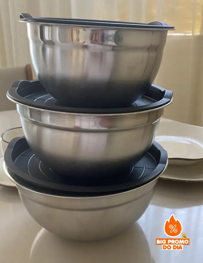 Conjunto 3 Bowls de Inox com Tampas Plásticas