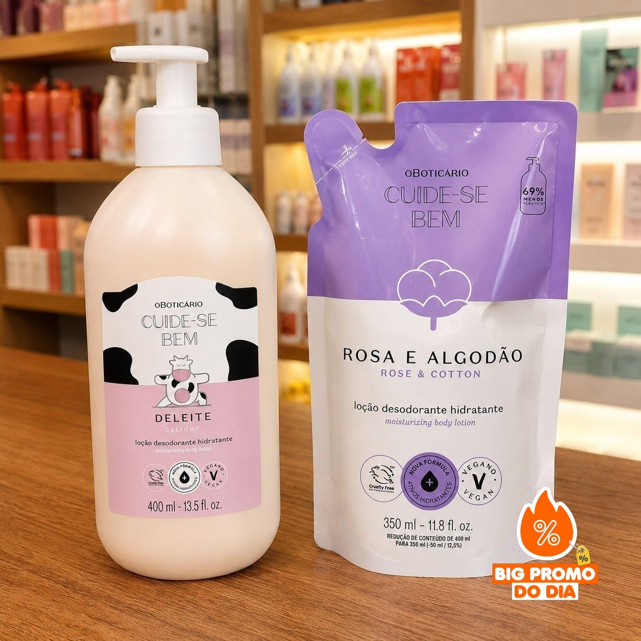 Combo Cuide-se Bem: Loção Corporal Deleite 400ml + Refil Rosa e Algodão 350ml