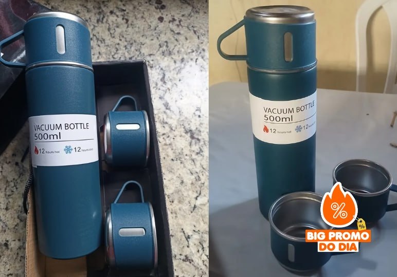 Caneca Kit Garrafa Térmica Vacuum Bottle Inox 500ml + 3 Xícaras