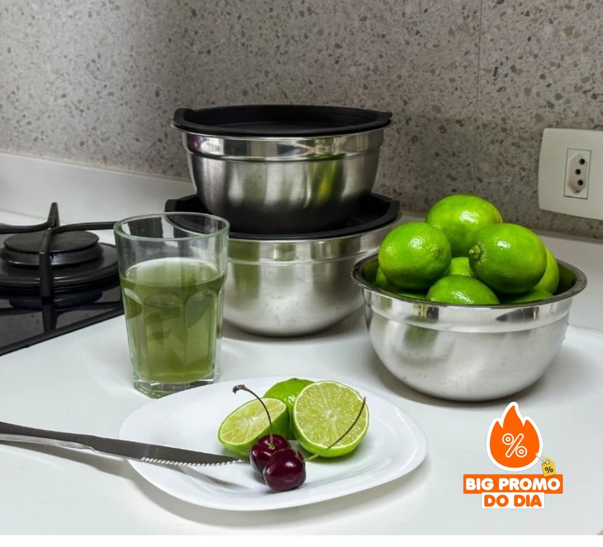Kit com 3 Bowls Tigelas de Inox com Tampa Bumper