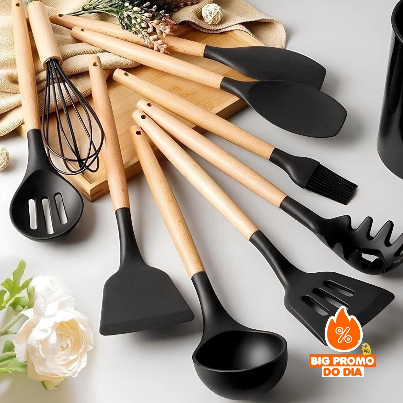 Kit 12 Utensílios De Cozinha Em Silicone E Cabo De Madeira