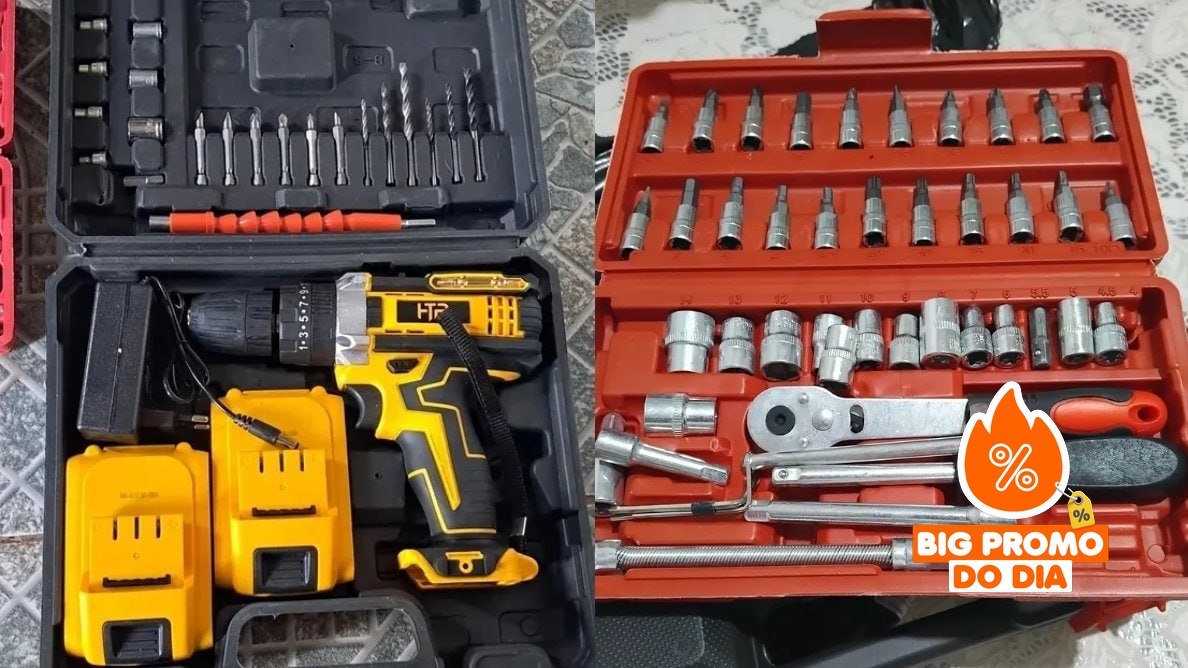 Parafusadeira Furadeira de Impacto 2 Baterias + Kit 46 Peças