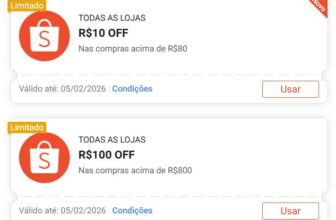 CUPONS SHOPEE R$10 OFF em R$80: V3G4  R$100 OFF em R$800: Z4N14H Resgate aqui h…