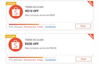 CUPONS SHOPEE ESGOTANDO R$10 OFF em R$80: V3G4 R$30 OFF em R$250: P0L4R1SResgat…