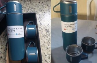 Caneca Kit Garrafa Térmica Vacuum Bottle Inox 500ml + 3 Xícaras DE 69 | POR 27,…