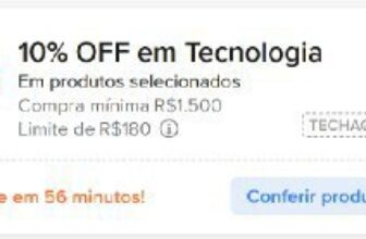 Cupom Relâmpago  10% OFF no site em compras a partir de R$1.500, limitado a R$1…