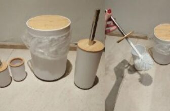 🧴 Kit Banheiro Lixeira Porta Escova 4 Peças Tampa Bambu…