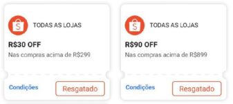 NOVOS CUPONS SHOPEE  R$30 OFF em R$299 R$90 OFF em R$899  Resgate os Cupons: ht…