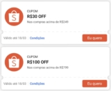 CUPOM NA SHOPEE GANHE R$30 OFF Acima de R$249 GANHE R$100 OFF Acima de R$799 RE…