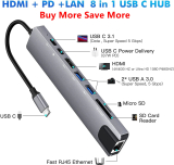 Hub USB 8 em 1 tipo c 3.1 a 4k hdmi, adaptador com leitor de cartão rj45 sd/tf, pd, carga rápida, para macbook, notebook, computador